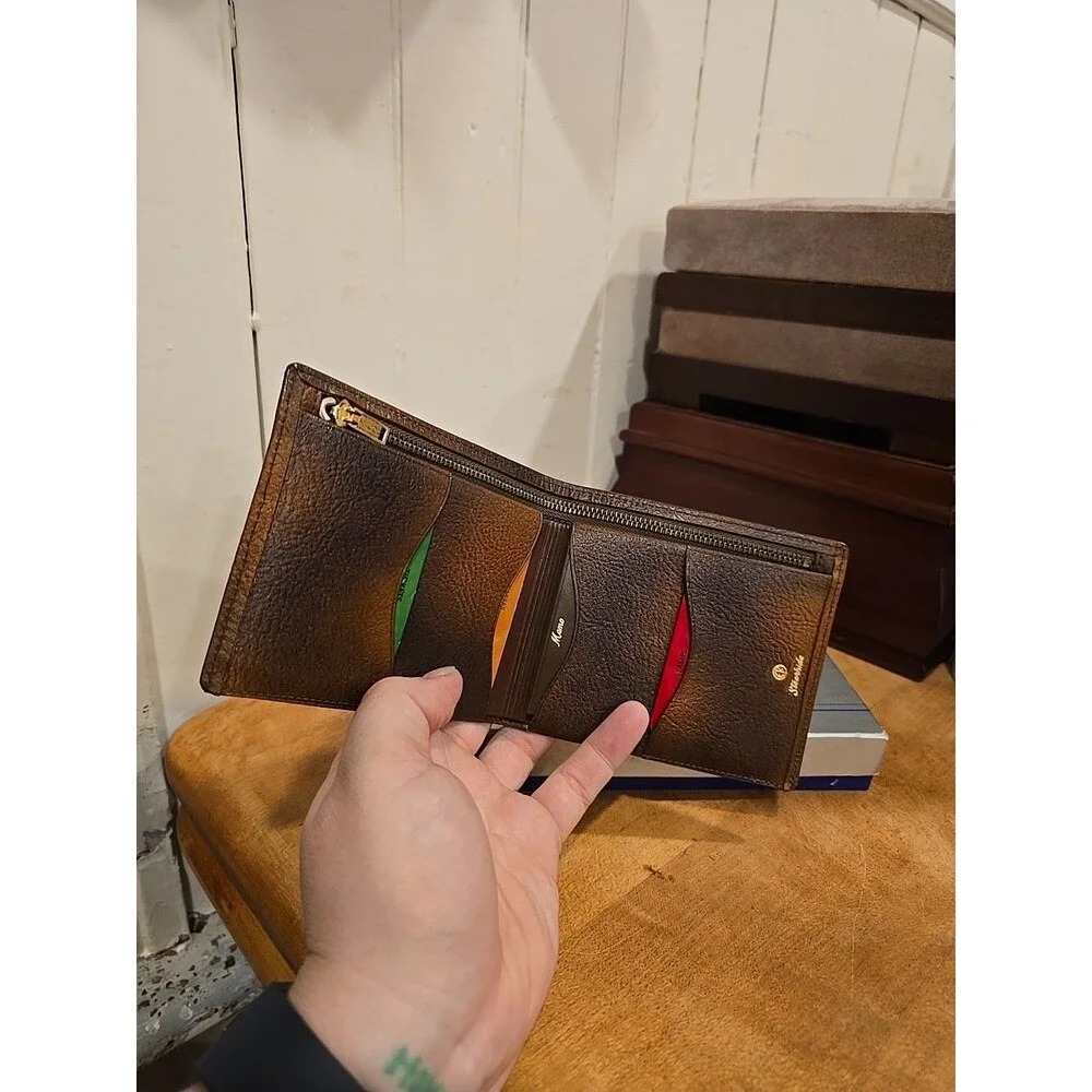 Vintage EK Steerhide Double Fold Mens Wallet Inlaid Details geometric